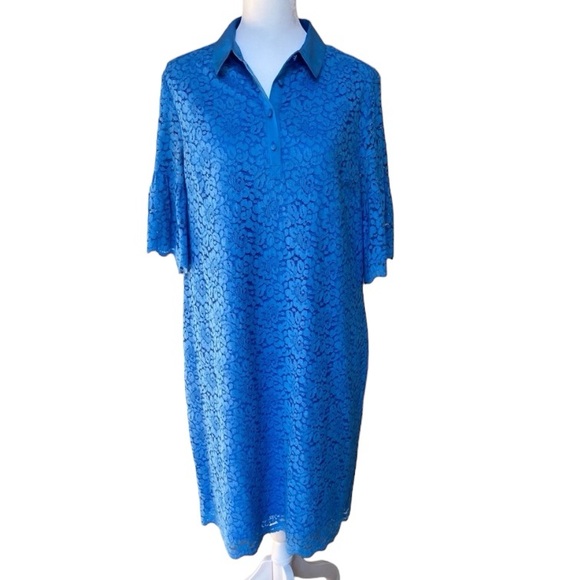 Banana Republic Blue Foral Lace Dress with Elbow-length Flutter Sleeve Medium - Picture 3 of 7